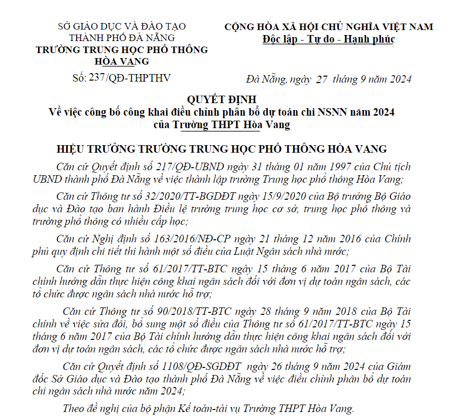 QUYẾT ĐỊNH  Về việc công bố công khai điều chỉnh phân bổ dự toán chi NSNN năm 2024 của Trường THPT Hòa Vang