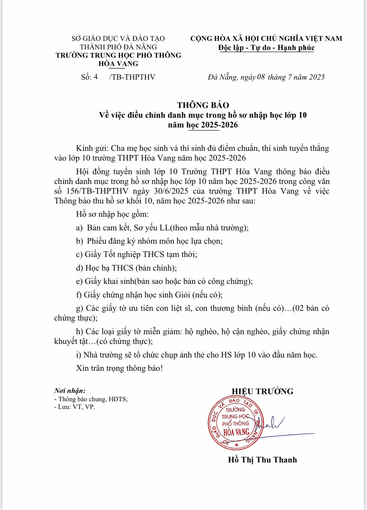 Thông báo về việc điều chỉnh danh mục trong hồ sơ nhập học lớp 10 năm học 2025-2026
