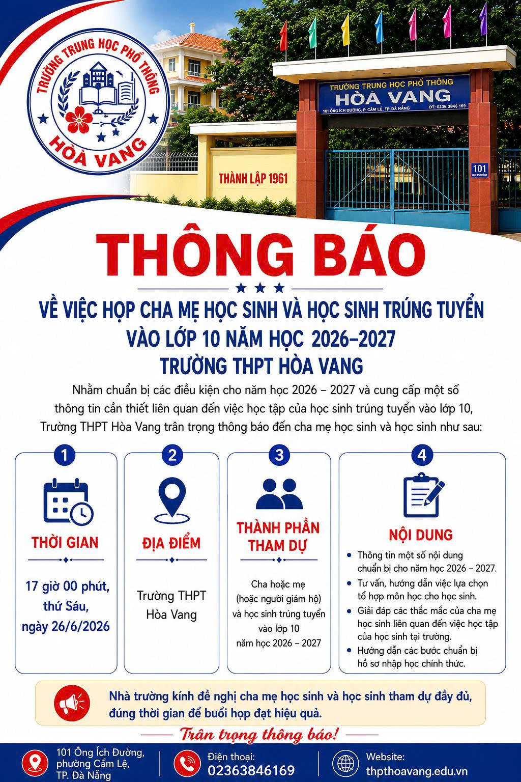 THÔNG BÁO HỌP CHA MẸ HỌC SINH VÀ HỌC SINH TRÚNG TUYỂN VÀO LỚP 10